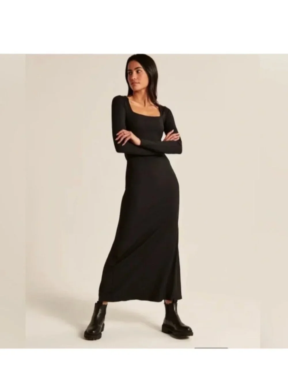 ABERCROMBIE & FITCH LONG SLEEVE RIBBED MAXI DRESS BLACK SIZE (MT) MEDIUM TALL